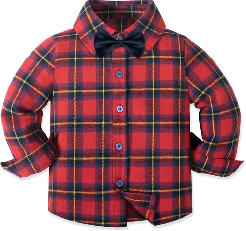 Vista 3 de Dinysuos Conjunto de ropa de caballero para niño pequeño camisa de vestir pajarita tirantes pantalones de mezclilla de 12 meses a 6 años