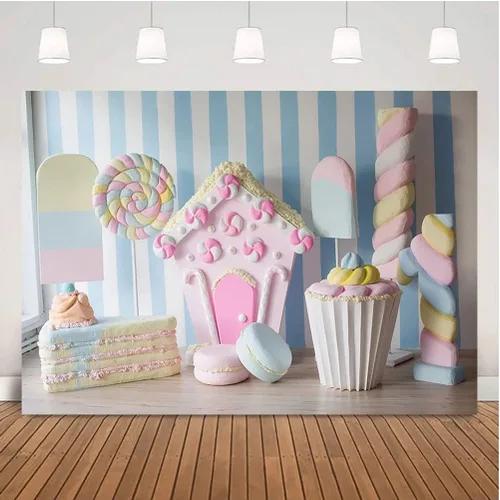 Vista 2 de Cake Smash - Fondo de 1er cumpleaños para niños, dulce piruleta, caramelo, retrato de bebé, helado, sesión de fotos, estudio, 7 x 5 pies, vinilo