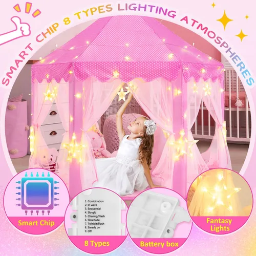 Vista 3 de EVOIONOS Tienda de campaña de princesa para niñas, tienda de campaña de castillo para niñas, tienda de campaña de juego de castillo de princesa