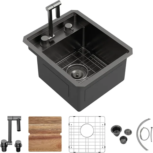 Vista 37 de Fregadero de 13 x 15 pulgadas negro para exteriores, estación de trabajo NANO PVD Gunmetal negro, calibre 16, acero inoxidable, hecho a mano, cuenco