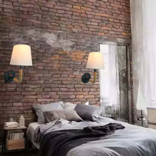 Vista 2 de Vintage Wall Light Hemp Rope Bedside Sconce Rustic Industrial Headboard Lamp, Farmhouse Wall Mount Lighting Fixture with Flared White Textile Lamp