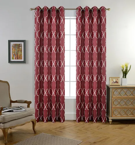 Vista 2 de Miuco, cortinas de imitación de lino con bordado marroquí, semitransparentes, con ojales para salón o dormitorio