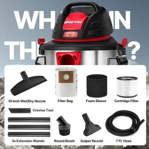 Vista 8 de Shop-Vac Aspiradora húmeda/seca de 5 galones y 4.5 HP de pico, tanque de acero inoxidable, aspiradora de taller portátil con filtro, manguera