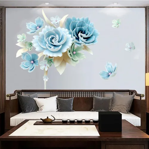 Vista 3 de Calcomanías de pared con diseño floral azul, para despegar y pegar, calcomanías de pared extraíbles para dormitorio, sala de estar, hogar, sofá
