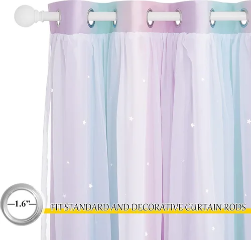 Vista 7 de NICETOWN Cortinas para dormitorio de niñas, cortinas de arco iris, cortinas de estrellas, cortinas de princesa, decoración de habitación
