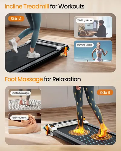 Vista 5 de AKLUER Caminadora Plegable con Inclinación – Caminadora 2 en 1 de Doble Cara para Debajo del Escritorio con Masajeador de Pies Shiatsu, Caminadoras