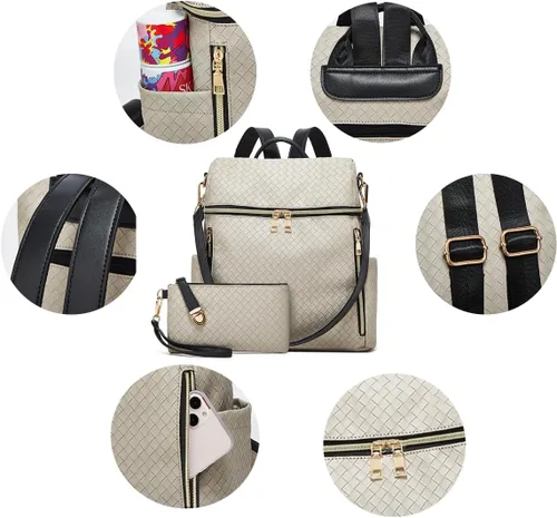 Vista 3 de Makes Mochila para mujer, de piel sintética, bolsa de viaje con diseño convertible con monedero, 2 piezas