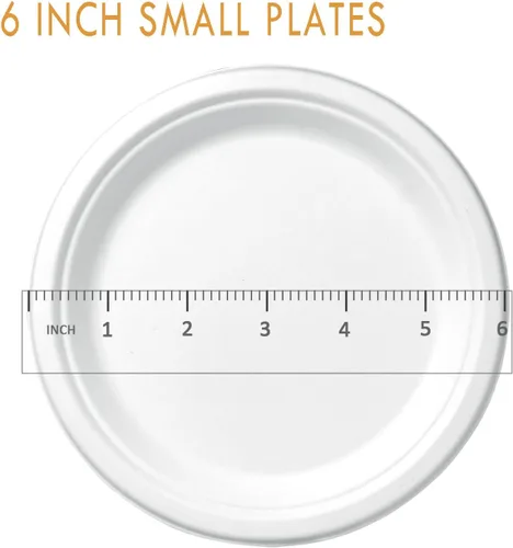 Vista 3 de CantaGreen Platos de postre pequeños compostables de 6 pulgadas, 100 platos de papel desechables biodegradables de caña de azúcar/bagazo y fibra