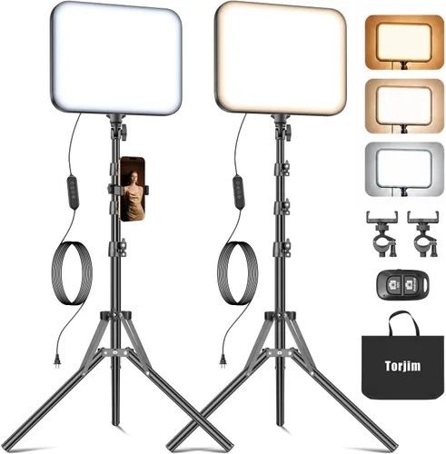 Vista 9 de Torjim Kit de luz de video de 11 pulgadas para creadores, luces de estudio de alto brillo de 24 W con soporte de trípode, soporte para teléfono