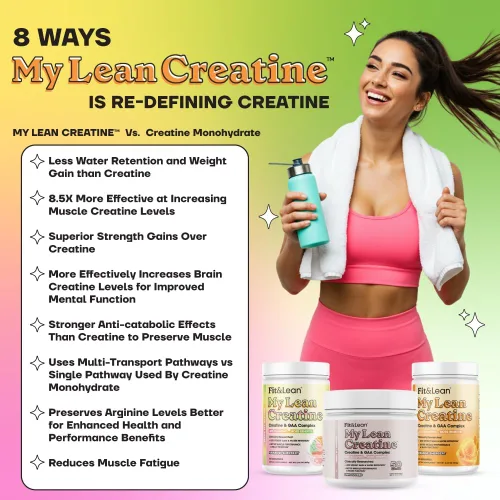 Vista 4 de Fit & Lean Creatina para mujeres, complejo de creatina en polvo My Lean con GAA, rendimiento muscular, función cognitiva y menos hinchazón