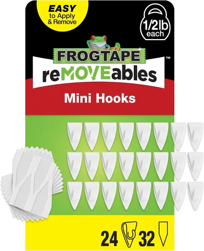 Vista 14 de FrogTape reMOVEables - Mini ganchos adhesivos para colgar, 18 ganchos transparentes y 24 tiras adhesivas, clips de interior sin daños para luces
