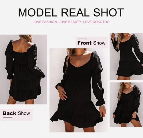 Vista 4 de Dokotoo Vestidos de primavera y verano 2025 para mujer, elegantes, con hombros descubiertos, cuello en V, manga larga, con volantes, mini vestidos