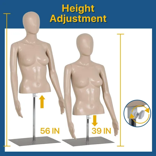Vista 2 de Maniquí de forma de vestido femenino de la naturaleza, altura ajustable de 39-56 pulgadas, brazos desmontables, base de metal