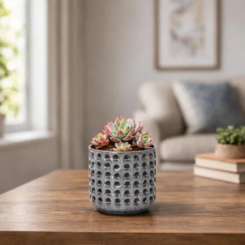 Vista 5 de D'vine Dev Maceta de cerámica para orquídeas de 4.5 pulgadas con diseño de recorte de celosía, maceta esmaltada con maceta transparente y platillo