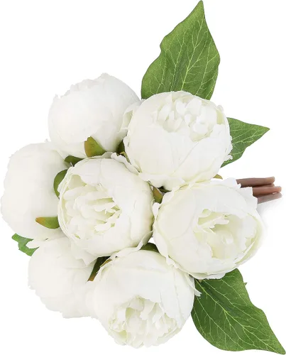 Vista 11 de Flores artificiales, ramo de flores de peonía de seda falsas, decoración de plantas florales para el hogar, jardín, boda, decoración de fiesta