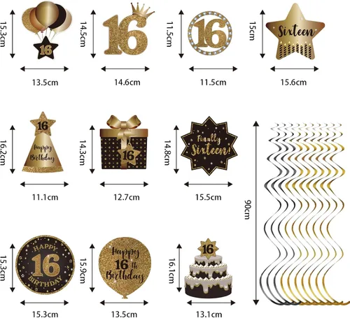 Vista 2 de Decoraciones de techo colgantes de remolinos de feliz 16 años, celebración, 16 remolinos colgantes de aluminio con recortes para dulces 16 años