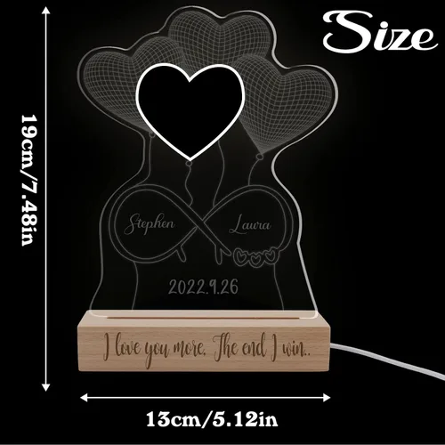 Vista 2 de Luz nocturna personalizada con ilusión 3D con base de madera, lámpara de corazón personalizada con texto de imagen, luz nocturna LED acrílica