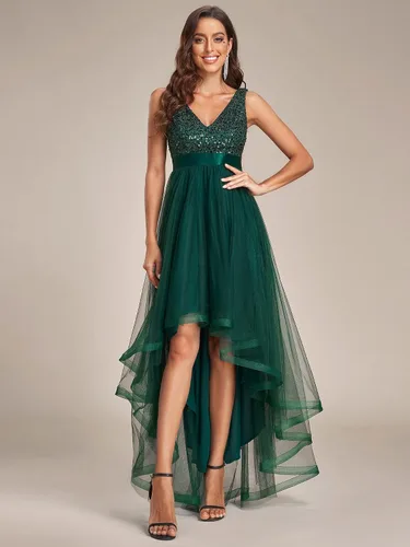 Vista 4 de Ever-Pretty Vestido de graduación para mujer, doble cuello en V, sin mangas, cintura imperio, lentejuelas, vestido formal de tul alto y bajo, 0147A