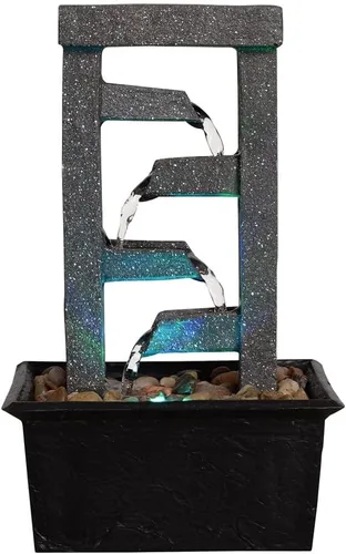 Vista 4 de GOSSI Fuente de cascada de mesa de 4 niveles de 10 pulgadas con rocas naturales de río, luces LED, función de agua interior de resina