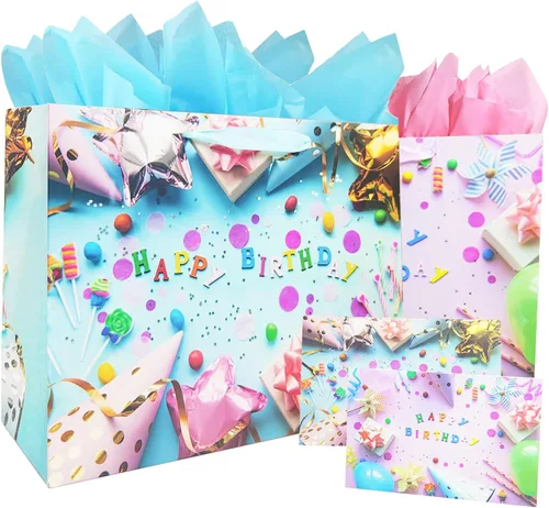 Vista 8 de LivebyCare Bolsas grandes de regalo de cumpleaños de 13 pulgadas con papel de seda y tarjeta, perfectas para bolsas de regalo para bebés, niños