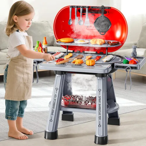 Vista 4 de NIPLOOOW Juego de juguetes de cocina para niños, parrilla de barbacoa para niños, juego de cocina con humo, sonido y luz, barbacoa de 2 capas