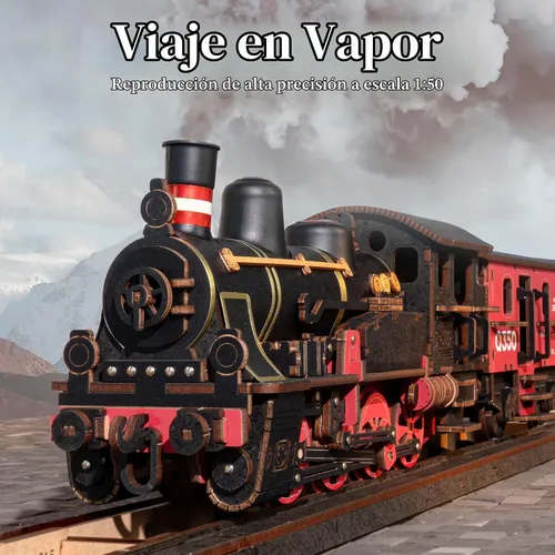 Vista 2 de ROBOTIME - Rompecabezas 3D para adultos, kit de modelo de tren steampunk de madera para armar, kit de bricolaje, juguete de madera, hobby, regalo