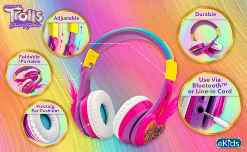 Vista 2 de eKids Trolls Band Together - Auriculares Bluetooth para niños, auriculares inalámbricos con micrófono, incluye cable auxiliar, reducción de volumen