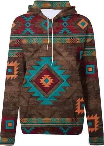 Vista 4 de DOLKFU Sudadera con capucha geométrica azteca occidental para mujer, suéter de manga larga, estilo vintage, casual