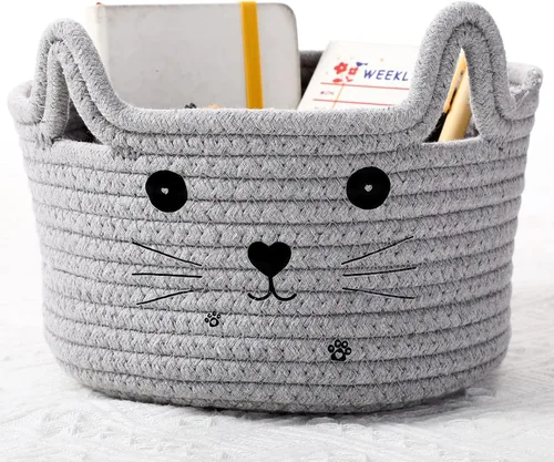 Vista 11 de Zopeal Cesta de almacenamiento tejida para gatos, organizador tejido con orejas, juguete decorativo de Navidad para mascotas, bonita canasta