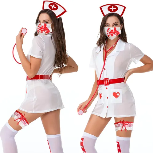 Vista 5 de Seiddons 6 piezas de accesorios de enfermera de Halloween, diadema de enfermera, sombrero de enfermera, conjunto de cosplay con estetoscopio
