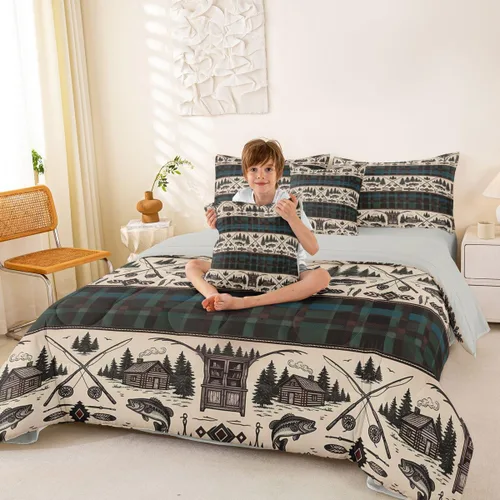 Vista 77 de Feelyou Juego de edredón de ciervo con sábanas – Tamaño Queen 7 piezas Juego de ropa de cama infantil de caza rústica – Cama de ciervo de cabaña