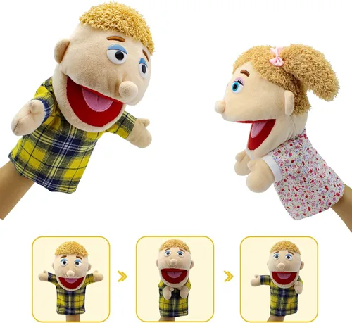 Vista 4 de Marionetas de mano familiares, Marionetas para niños para representar a los miembros de la familia 34 cm Marionetas multiétnicas de peluche suaves