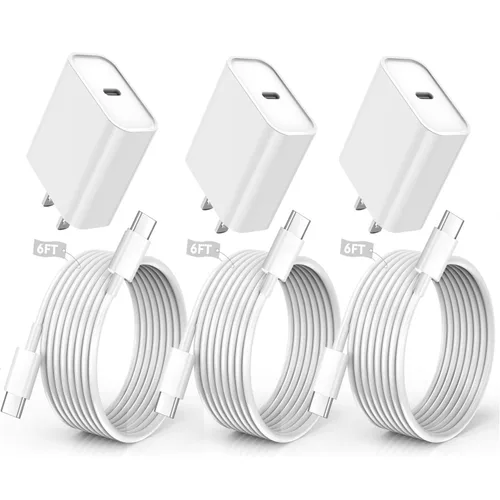 Vista 10 de Cargador rápido para iPhone, cable de carga de teléfono, paquete de 3 cargadores de iPhone de carga rápida de 6 pies, adaptador de carga USB C de 6