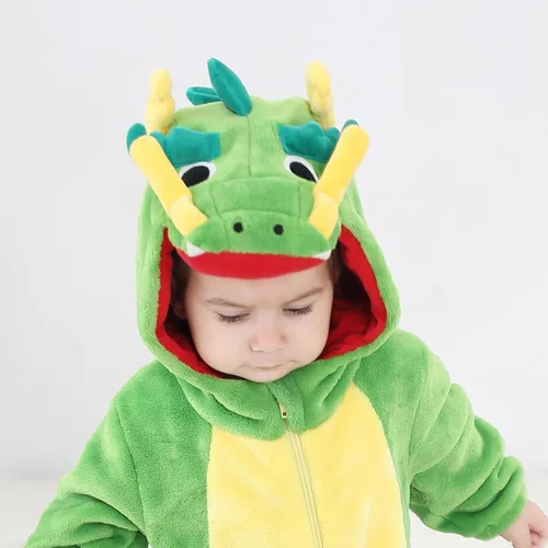 Vista 2 de Wrrkayly Mameluco de franela con capucha para bebé niño y niña, con cremallera de animales de dibujos animados, traje de invierno cálido, disfraz