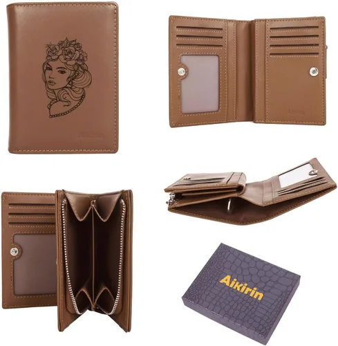 Vista 7 de Billetera de cuero RFID personalizada pintada a mano sección vertical de gran capacidad con cremallera monedero tarjetero titular, Café-Queen