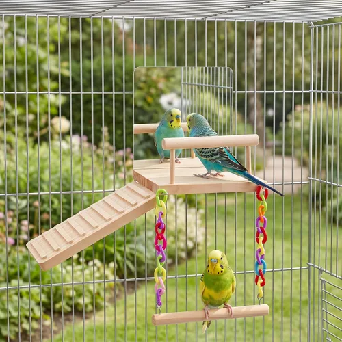 Vista 7 de 2 piezas de juguetes de periquito para pájaros, plataforma de perca para pájaros, escalera de espejo oscilante con función de giro de 360°