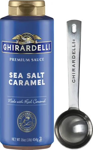 Vista 10 de Ghirardelli Salsa de caramelo, botella exprimible de 16 onzas con cuchara de barista estampada Ghirardelli