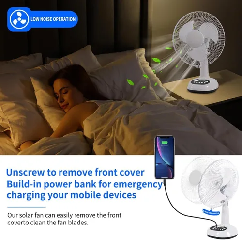 Vista 3 de Ventilador recargable VENTO con panel solar, puerto USB, luz LED nocturna y 2 bombillas gratis. Refrigeración ecológica