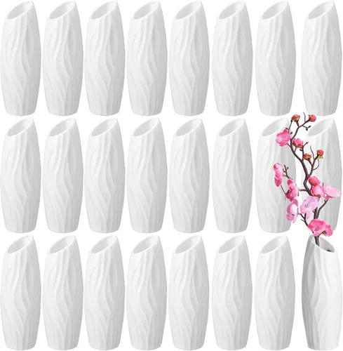 Vista 8 de Mimorou 24 jarrones de plástico compuesto, aspecto de cerámica, decorativo, blanco, irrompible, jarrones de plástico para centros de mesa de flores