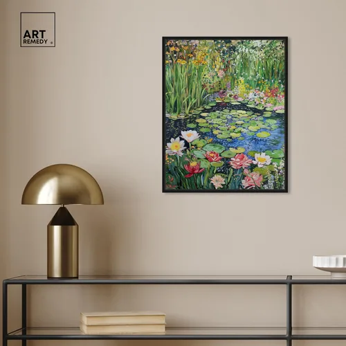 Vista 3 de Art Remedy Impresionista estanque enmarcado impresionismo, arte de pared en lienzo de 1 pieza, arte inspirado en Monet y Van Gogh, 17 x 21 pulgadas
