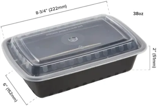 Vista 2 de Contenedor de comida reutilizable, paquete de 50 recipientes de plástico de 38 onzas con tapas, sin BPA, apto para microondas, compartimento único