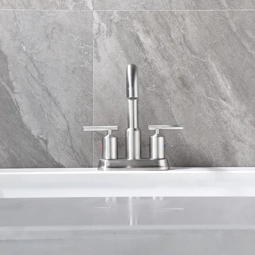 Vista 6 de Grifo de baño de níquel cepillado de 4 pulgadas y 2 manijas para fregadero de 3 agujeros, grifo de fregadero de baño central con ensamblaje