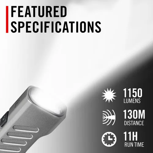 Vista 2 de Coast Slayer 1150 lúmenes linterna LED recargable por USB-C con modo Spot/Flood, modo memoria y clip de bolsillo, plateado