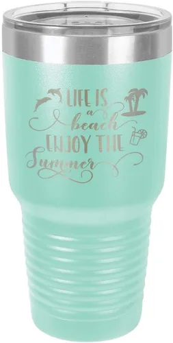 Vista 21 de La vida es una playa que disfruta el verano grabado de 30 oz vaso de acero con recubrimiento de polvo grabado láser taza de viaje de camello polar