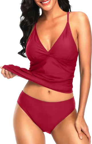 Vista 3 de Holipick Conjunto de tankini de dos piezas con control de abdomen para mujer, con cuello en V, tankini con parte inferior