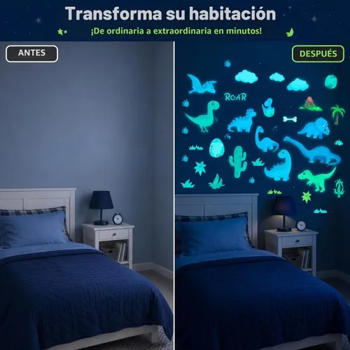 Vista 4 de Decoración de habitación de dinosaurios, calcomanías de pared de dinosaurios que brillan en la oscuridad para dormitorio de niños, calcomanías