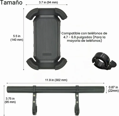 Vista 4 de Extensor de manillar de bicicleta con soporte para teléfono, barra de extensión de aluminio de 11.9", se ajusta a barras de 18–34mm, soporte