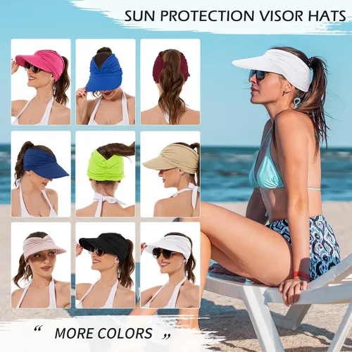 Vista 6 de Sombreros de sol para mujer, protección UV, visera de sol, ala ancha, sombreros de verano con cola de caballo
