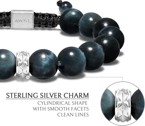 Vista 5 de Hawk's Eye Charoite Beaded Bracelet for Men Sterling Silver Charm Adjustable Drawstring 10mm Natural Gemstones Gift for Men, 6.3''-7.1