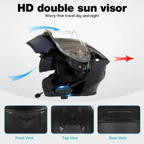 Vista 5 de Casco de motocicleta con Bluetooth, casco modular de motocicleta con Bluetooth, aprobado por DOT, doble visera, abatible, con Bluetooth, casco